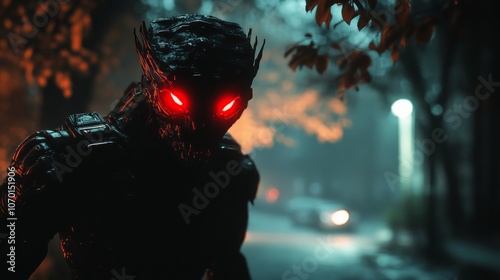 3d illustration of a cyberpunk scary creature with red luminous eyes in a night scene. Silhouette of a futuristic post apocalypse mutant in metal armor. Concept art science fiction alien character photo