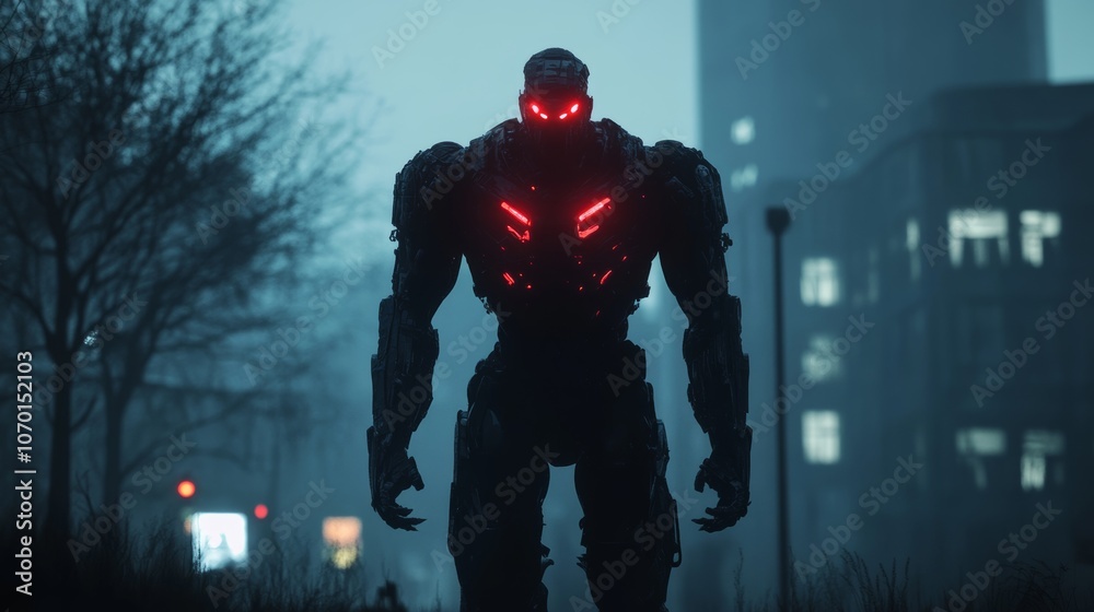 3d illustration of a cyberpunk scary creature with red luminous eyes in a night scene. Silhouette of a futuristic post apocalypse mutant in metal armor. Concept art science fiction alien character