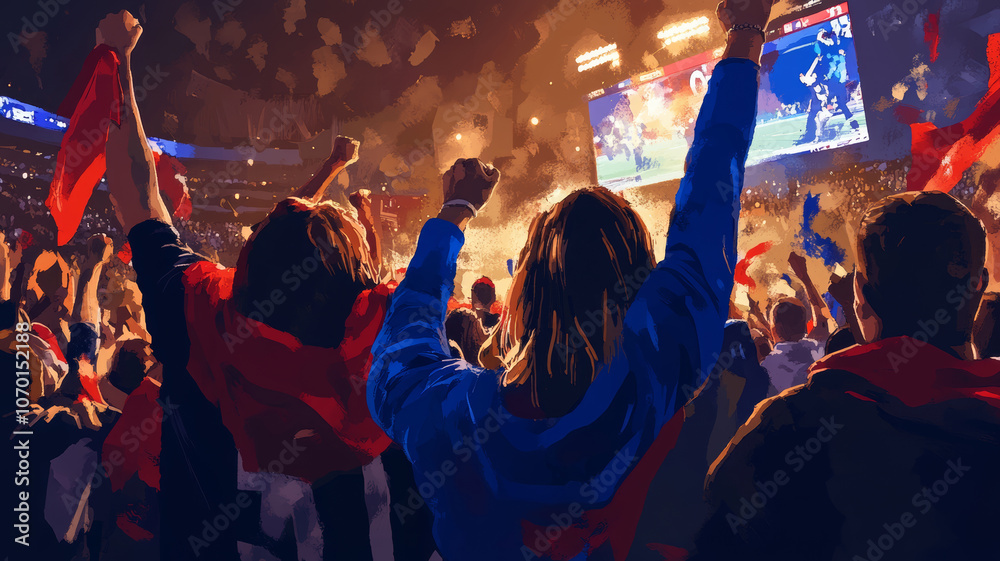 Fototapeta premium Fans passionately support their team during a thrilling match at the stadium filled with excitement, waving flags and cheering loudly. Generative AI