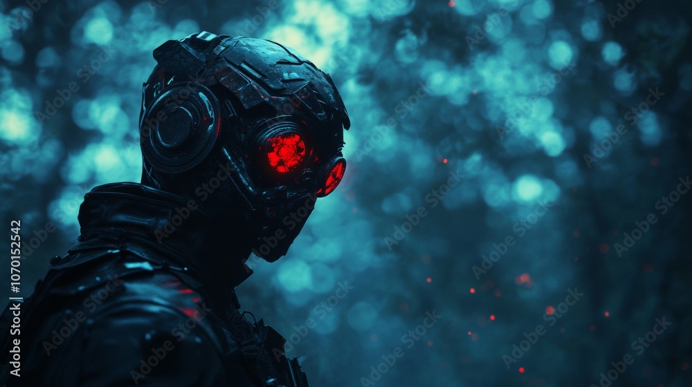 3d illustration of a cyberpunk scary creature with red luminous eyes in a night scene. Silhouette of a futuristic post apocalypse mutant in metal armor. Concept art science fiction alien character 3d illustration of a cyberpunk scary creature with red luminous eyes in a night scene. Silhouette of a futuristic post apocalypse mutant in metal armor. Concept art science fiction alien character