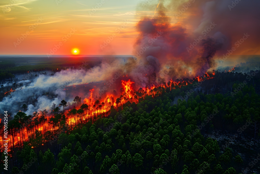 Dramatic Forest Fire at Sunset Amidst Lush Greenery for Environmental Awareness Campaign Dramatic Forest Fire at Sunset Amidst Lush Greenery for Environmental Awareness Campaign
