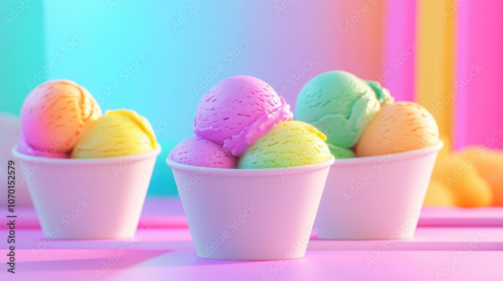 Colorful scoops of rainbow ice cream in a white cup perfect for summer treats and dessert delight Colorful scoops of rainbow ice cream in a white cup perfect for summer treats and dessert delight