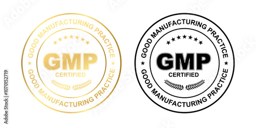 GMP Certified label ,Good Manufacturing Practice Gold and black Round Circle shiny sticker Badge with stars, GMP Approved Label, Supplement, Quality Control, Medical And Health Design Element 
