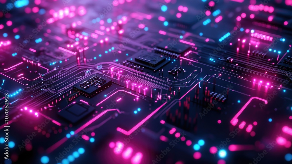 Intricate Close-Up of a Circuit Board Illuminated by Striking Pink and Blue Lights, Capturing the Essence of Digital Technology and Innovation. Perfect for Representing Electronics and Modern Design Intricate Close-Up of a Circuit Board Illuminated by Striking Pink and Blue Lights, Capturing the Essence of Digital Technology and Innovation. Perfect for Representing Electronics and Modern Design