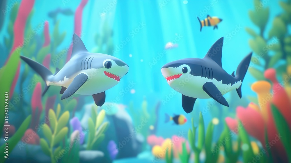 Naklejka premium Dynamic encounter between grey sharks and black tip sharks showcasing their contrasting features in a vibrant underwater scene