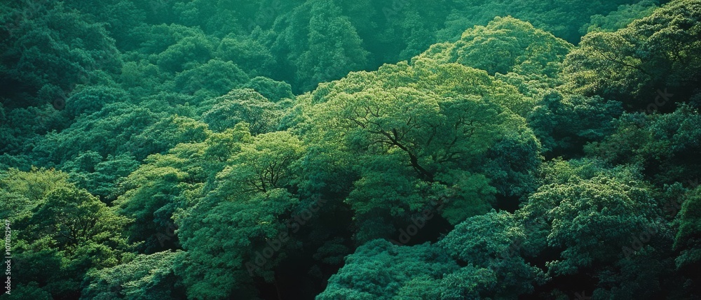 Fototapeta premium An expansive green forest canopy creates a textured mosaic of towering trees under a calm, welcoming sky.