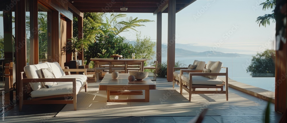 Fototapeta premium Sunlit patio with wooden furniture overlooks a serene landscape, embracing nature with open elegance.