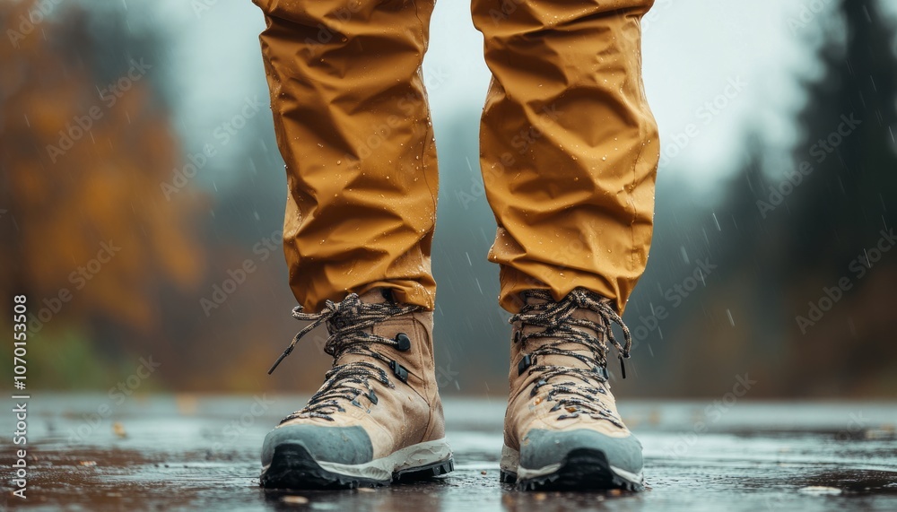 Person in waterproof boots standing on a wet road surrounded by autumn trees in fog Person in waterproof boots standing on a wet road surrounded by autumn trees in fog