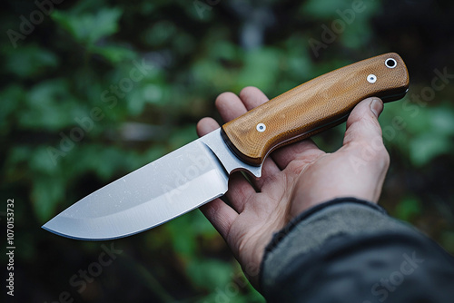 Hand holding a sturdy hunting knife in a natural setting photo