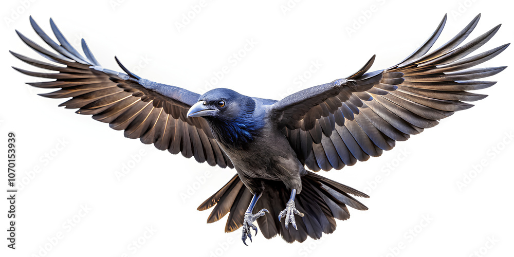Flying Raven side view full body isolated on white background, Clipping path Flying Raven side view full body isolated on white background, Clipping path