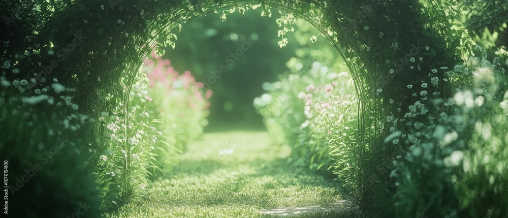 A lush, sun-dappled garden archway leads to a vibrant meadow of blooming flowers, evoking tranquility and the promise of a serene escape. A lush, sun-dappled garden archway leads to a vibrant meadow of blooming flowers, evoking tranquility and the promise of a serene escape.