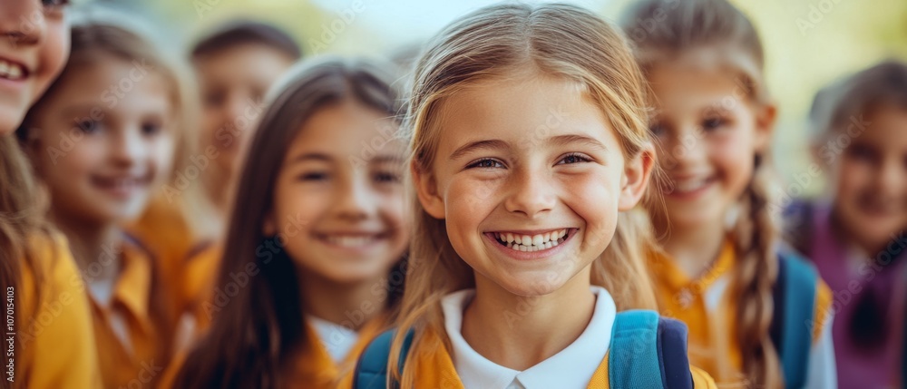 A cheerful schoolgirl in orange stands in front of classmates, her bright smile capturing the essence of youthful joy and friendship. A cheerful schoolgirl in orange stands in front of classmates, her bright smile capturing the essence of youthful joy and friendship.