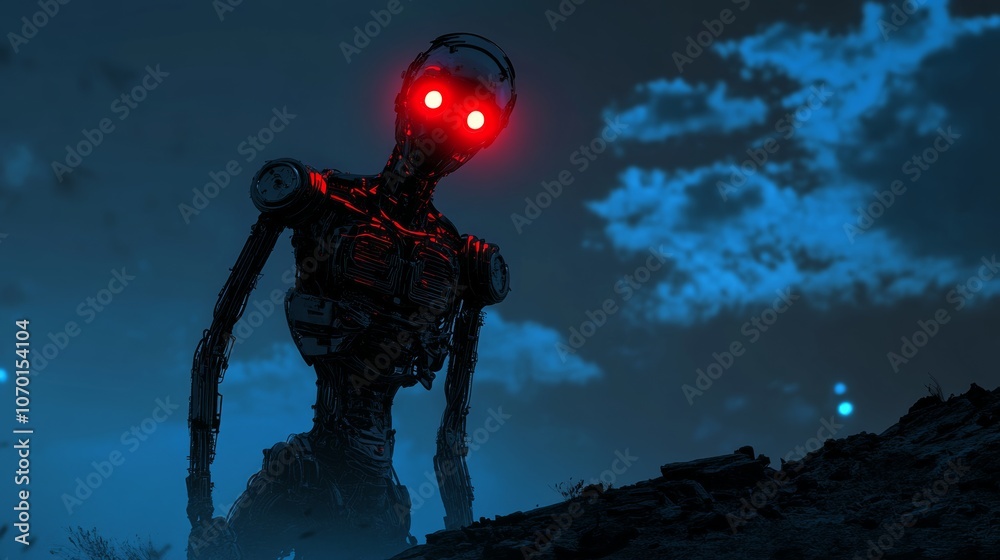 Naklejka premium 3d illustration of a cyberpunk scary creature with red luminous eyes in a night scene. Silhouette of a futuristic post apocalypse mutant in metal armor. Concept art science fiction alien character
