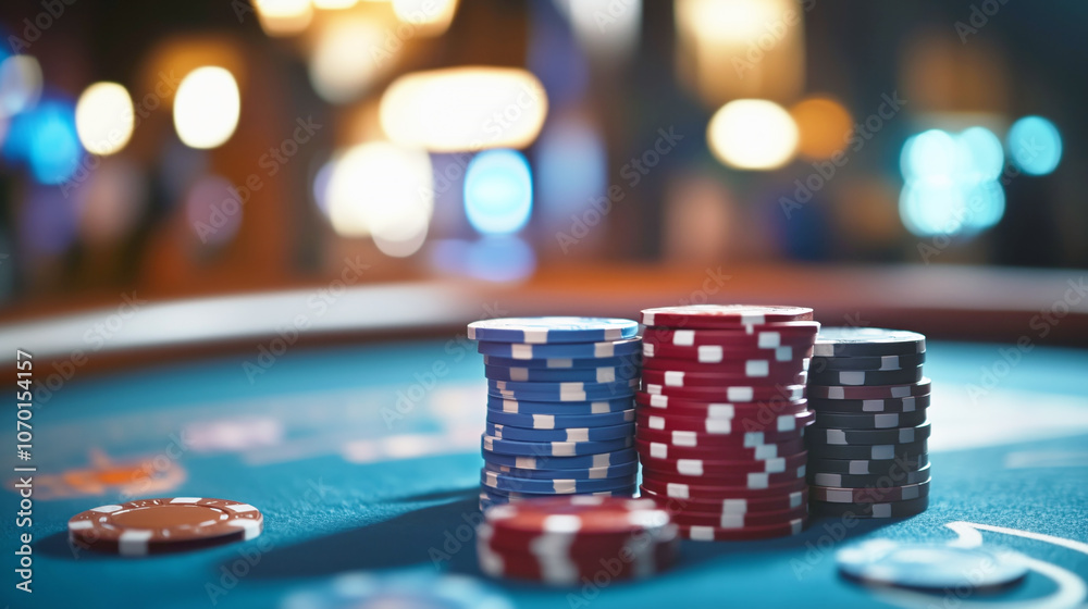 Colorful poker chips on a casino table with defocused lights in the background Colorful poker chips on a casino table with defocused lights in the background
