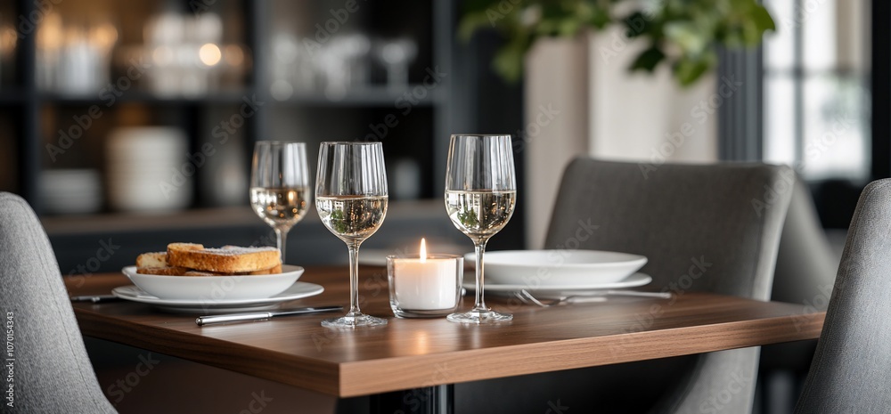 Table setting with wine glasses and candlelight. Table setting with wine glasses and candlelight.