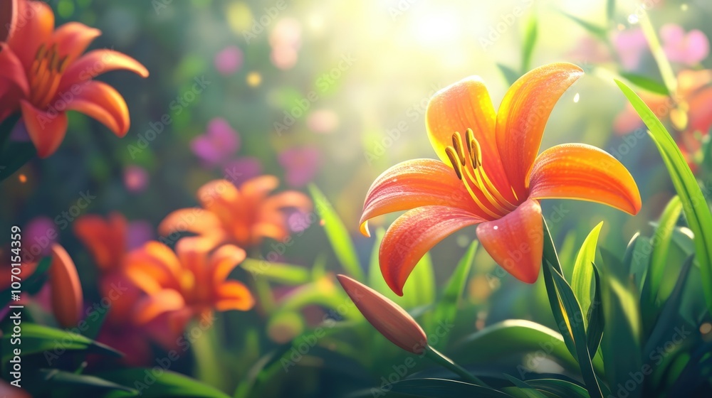 Fototapeta premium Close up of vibrant Day lily flowers basking in the sunlight showcasing their decorative beauty in a garden setting