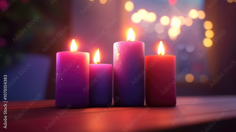 Close up of four burning candles with one extinguished in between creating a warm ambiance indoors with high contrast light and shadow candlelight relaxation Close up of four burning candles with one extinguished in between creating a warm ambiance indoors with high contrast light and shadow candlelight relaxation