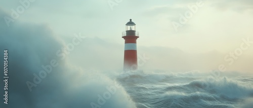 A red-and-white lighthouse stands amidst crashing waves and a mist-filled sky, embodying strength and steadfastness against the turbulent seascape.