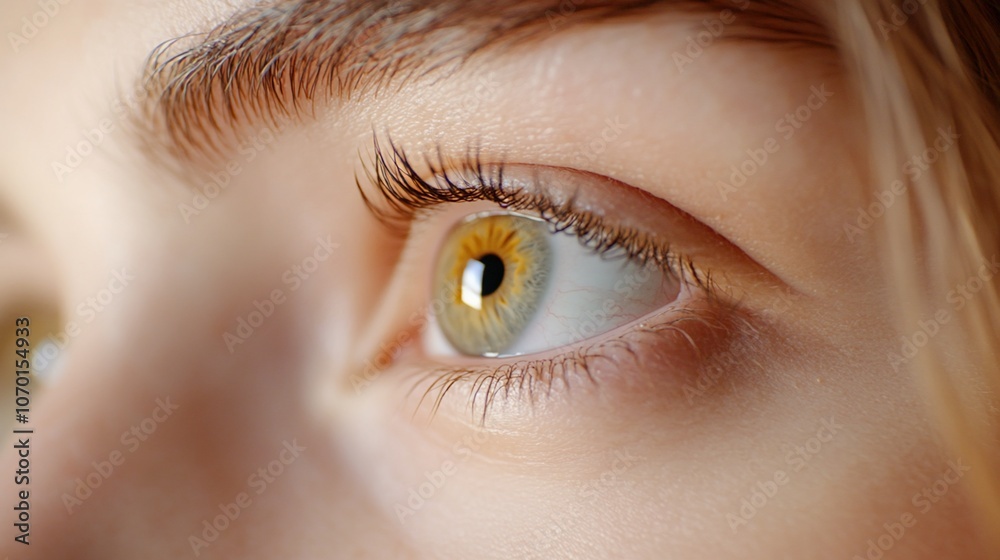 Obraz premium Close-up of a woman's eye, looking to the side, with long eyelashes and a golden iris.