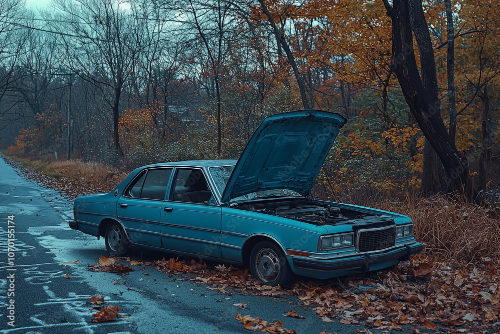 Abandoned blue car on a deserted road surrounded by autumn leaves Abandoned blue car on a deserted road surrounded by autumn leaves