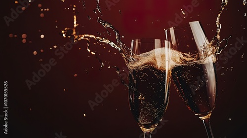 Two champagne flutes clink together, creating a dramatic splash of golden bubbly against a dark red background.