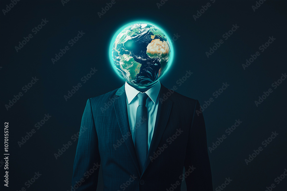 Global business concept: A person in a suit with a glowing Earth as their head, symbolizing global perspective, international business, and environmental awareness.