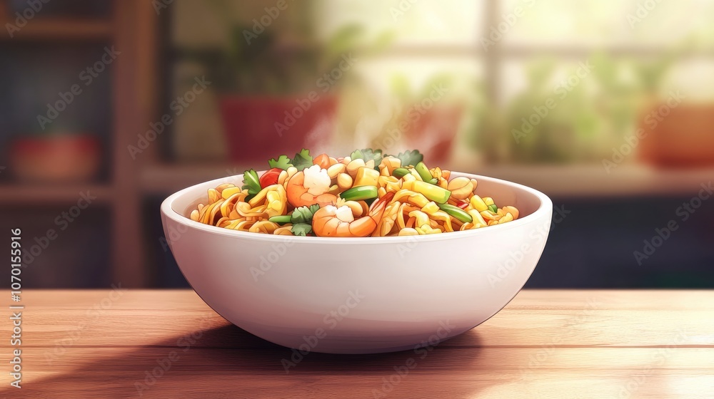 Delicious pad thai featuring stir fried rice noodles with shrimp peanuts scrambled eggs and fresh vegetables in a white bowl on a rustic wooden table Delicious pad thai featuring stir fried rice noodles with shrimp peanuts scrambled eggs and fresh vegetables in a white bowl on a rustic wooden table