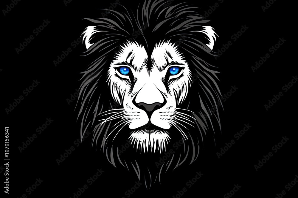 Fototapeta premium A white lion with blue eyes looks to the side in a blackandwhite photo