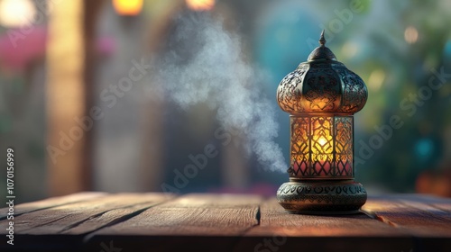 Elegantly designed Arabic lantern and intricately styled censer incense burner placed on a rustic wooden table enhancing cultural ambiance photo