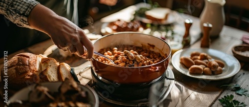 An intimate, rustic kitchen setting with a simmering pot of hearty chickpeas surrounded by fresh bread and herbs, evoking warmth and homemade comfort.