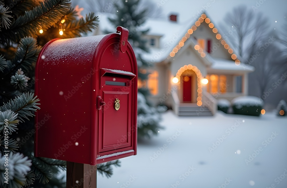 Festive Red Mailbox in Snowy Christmas Scene with Cozy House Background Festive Red Mailbox in Snowy Christmas Scene with Cozy House Background