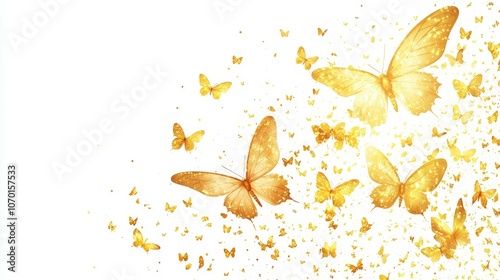 A group of golden butterflies flying on a white background.