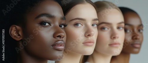 Four women stand in profile, their diverse features highlighted by soft, natural lighting.