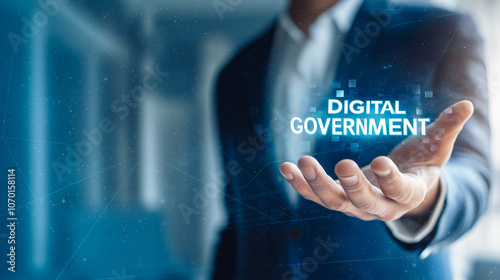 Digital government concept: A professional holds a holographic 