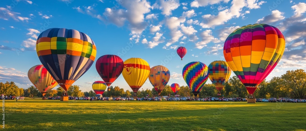 Obraz premium A field of colorful hot air balloons ascends into a bright sky, embodying adventure and freedom in a vibrant panorama of motion and color.