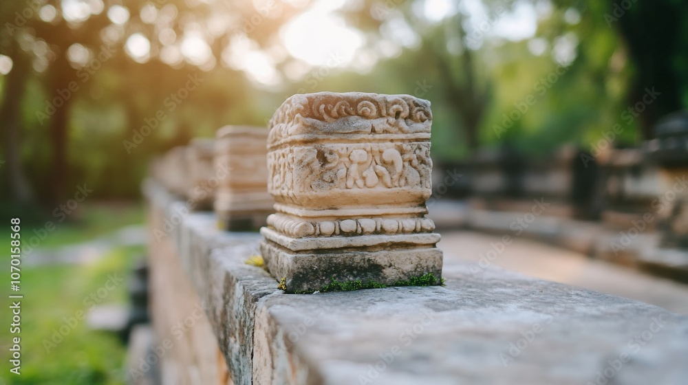 Close-up of ornate stone carvings on a weathered wall with a blurred background of greenery and sunlight.