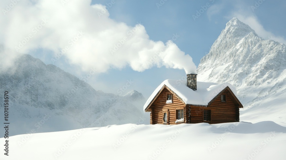 Cozy Cabin in Snowy Mountain Landscape Cozy Cabin in Snowy Mountain Landscape