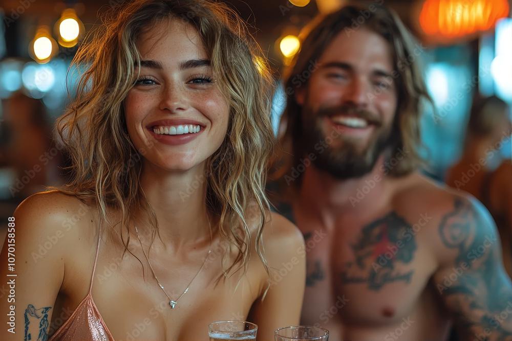 Young people in nightclub smiling with alcohol in their hands.