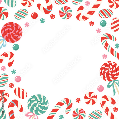 Christmas candies frame. Various holiday traditional sweets decor. Square border template. Flat vector illustration