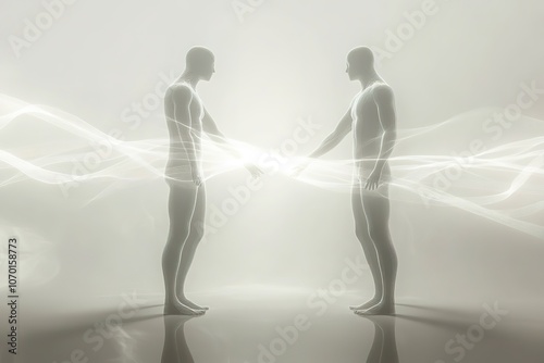 Silhouettes of two men connecting with energy waves photo