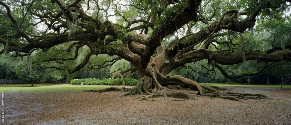 A majestic ancient tree with sprawling branches and roots extends its canopy, evoking a sense of timelessness and resilience in a serene park setting. A majestic ancient tree with sprawling branches and roots extends its canopy, evoking a sense of timelessness and resilience in a serene park setting.