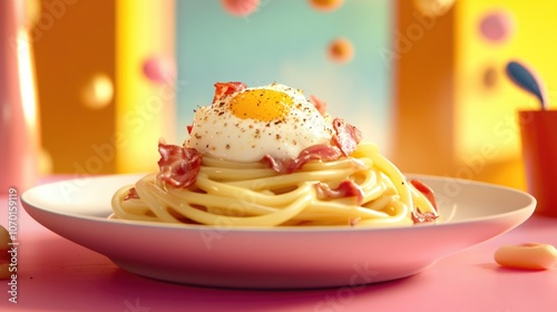 Dish of delectable bucatini alla carbonara featuring creamy egg sauce crispy guanciale and grated pecorino Italian cuisine photo