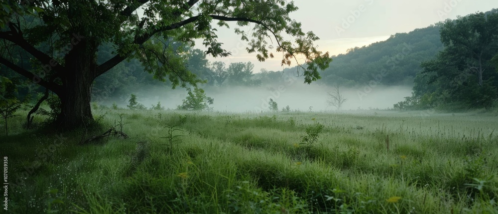 A misty morning envelops a serene meadow bordered by a lush forest, offering a tranquil and mystical atmosphere. A misty morning envelops a serene meadow bordered by a lush forest, offering a tranquil and mystical atmosphere.
