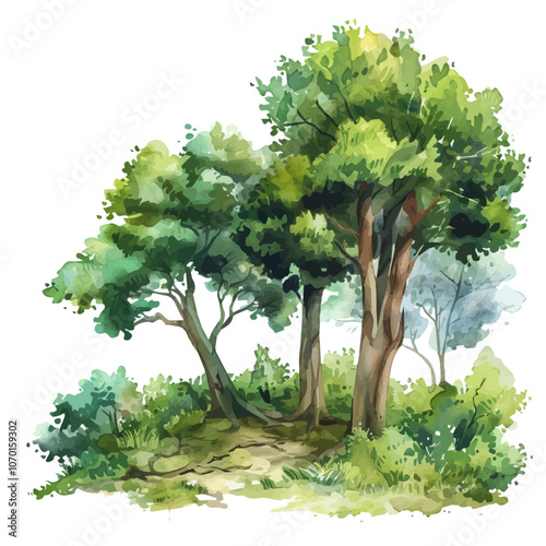 A watercolor vector of a forest, isolated on a white background.