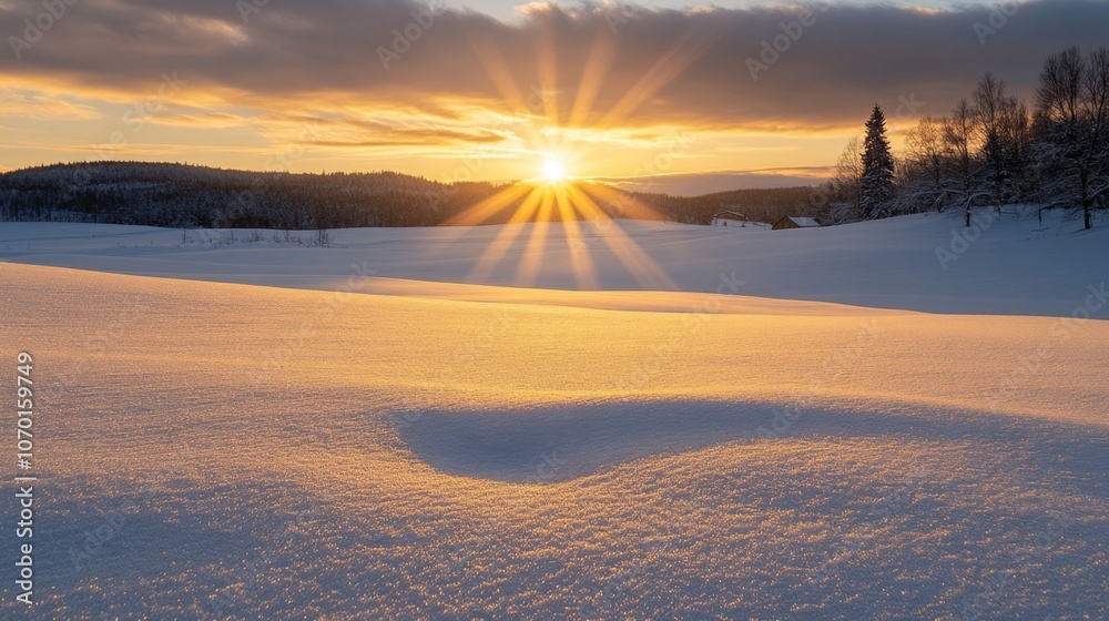 Golden Winter Sunset Over Snow Covered Field Golden Winter Sunset Over Snow Covered Field