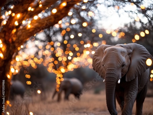 A group of elephants are walking through a field with lights shining on them