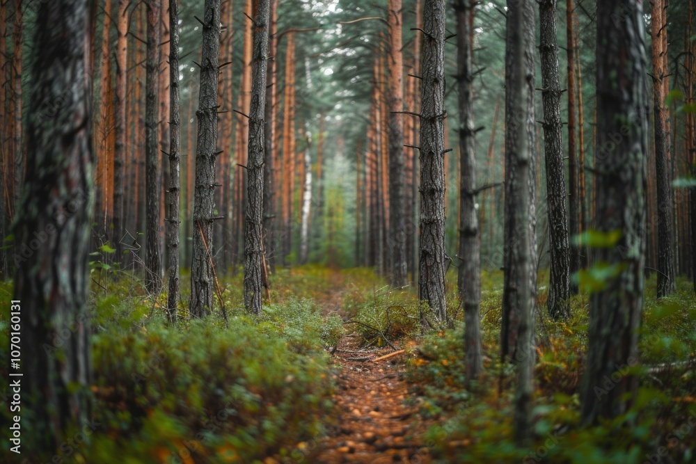 Narrow path is winding through a lush green forest of tall pine trees Narrow path is winding through a lush green forest of tall pine trees