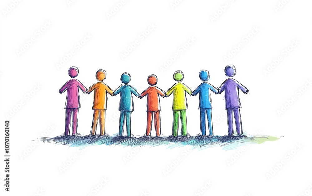 Cartoon image of ten people standing in a large circle, connected by holding each others shoulders, symbolizing unity and collective strength Cartoon image of ten people standing in a large circle, connected by holding each others shoulders, symbolizing unity and collective strength