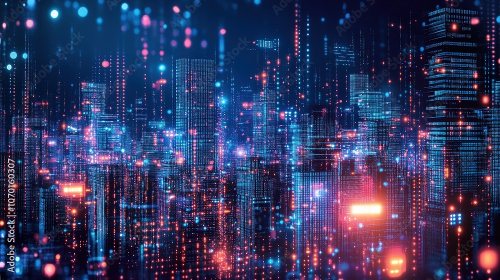 Fototapeta premium Abstract futuristic cityscape with glowing lights and digital data streams.