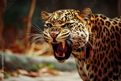 Roaring leopard in vibrant wilderness	 photo